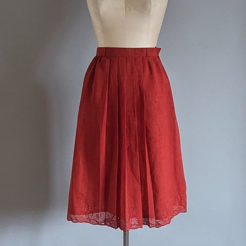 Vintage 1970 Rust Red Skirt with Embroidery Lace Details A-Line XS 25" Waist
